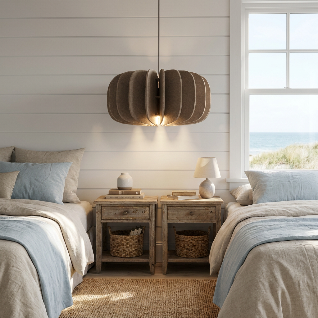 Lamelle disc brown pendant light above bedside nightstands in a coastal bedroom