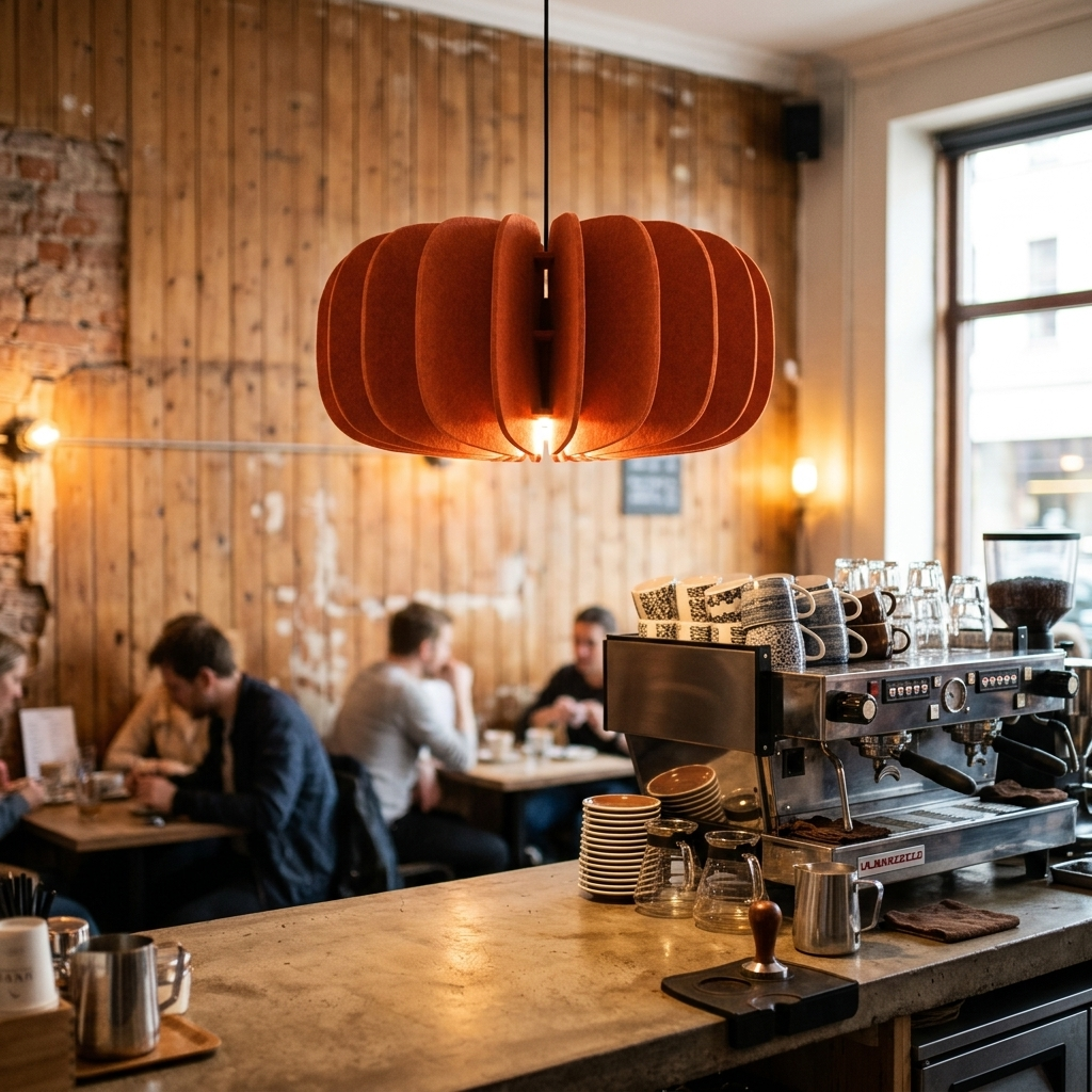 Lamelle disc orange pendant light above the counter of a neighborhood coffee shop