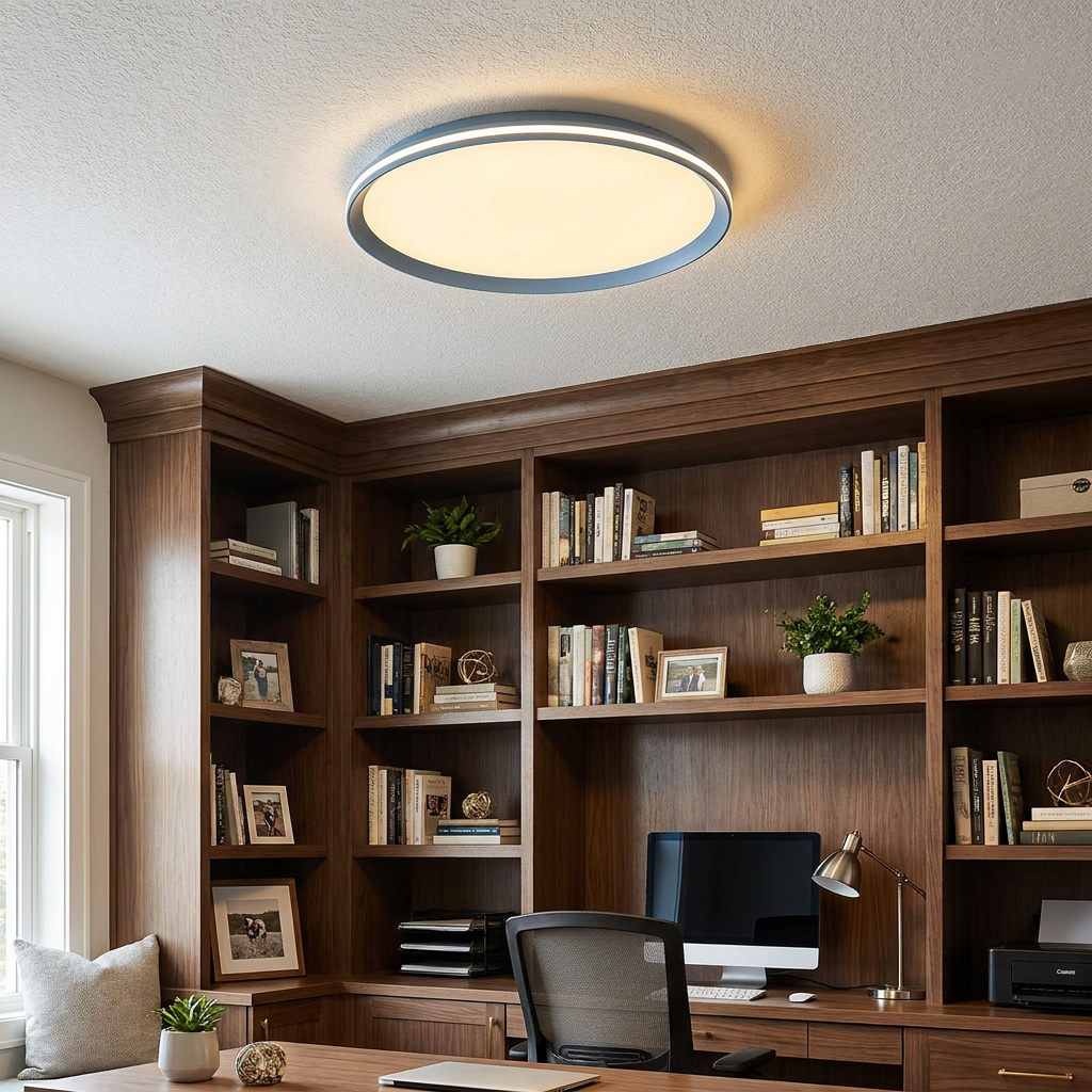 Clio blue ceiling light in a home office with built-in shelves