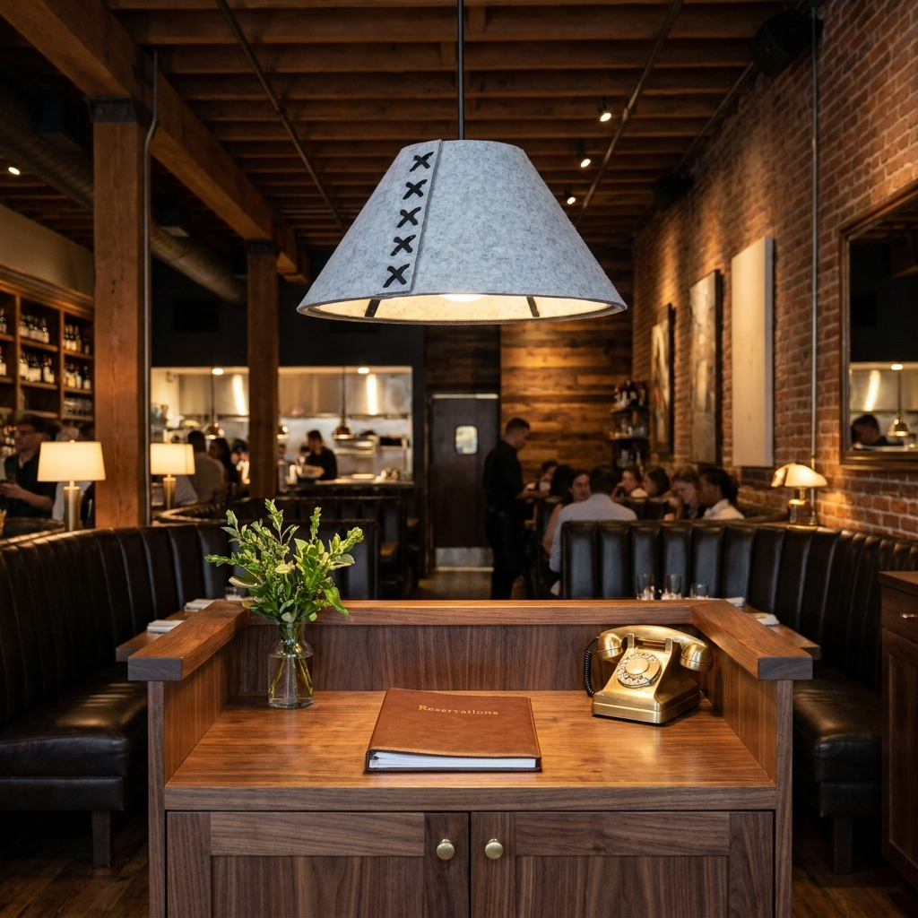 Feliciane light gray pendant light over the host stand of an upscale bistro