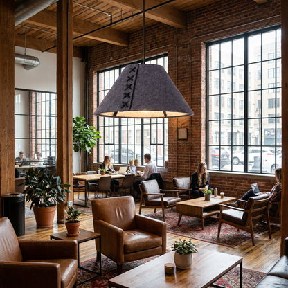 Feliciane dark gray pendant light in a coworking space lounge with large windows