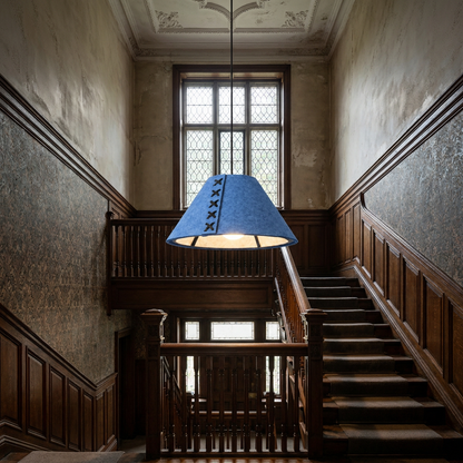 Feliciane sky blue pendant light in the stairwell of a Victorian style home