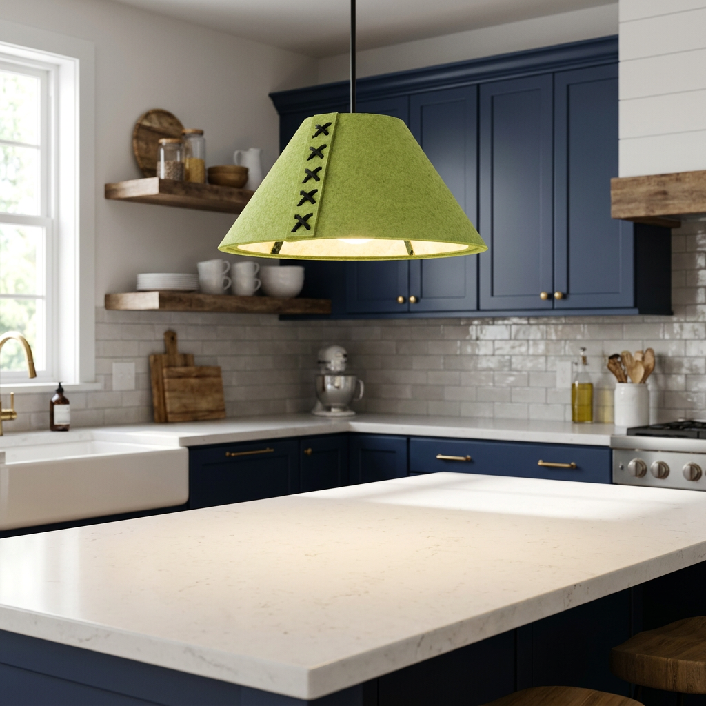Feliciane apple green pendant light over a white quartz kitchen island in a modern farmhouse with navy cabinets