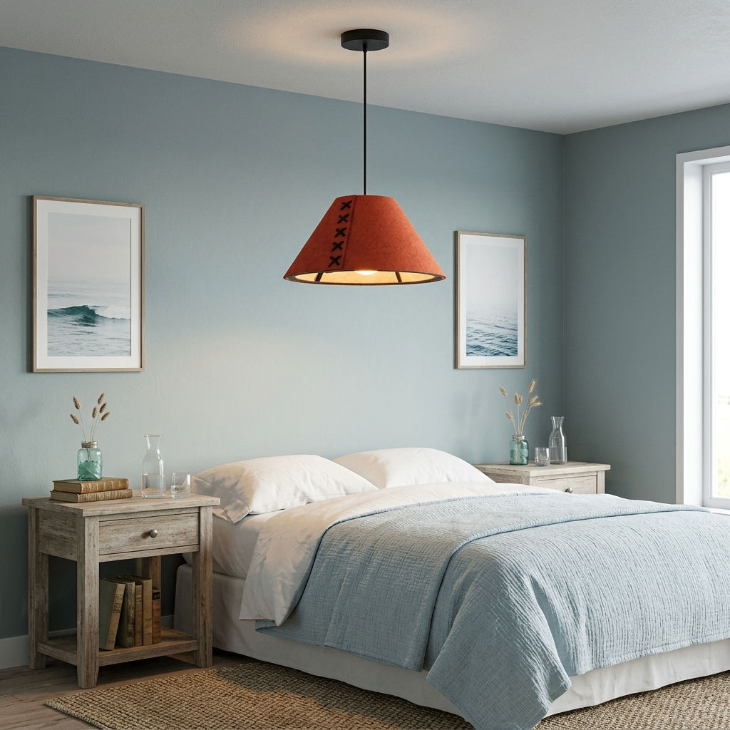Feliciane tangerine pendant light above bedside nightstands in a coastal bedroom