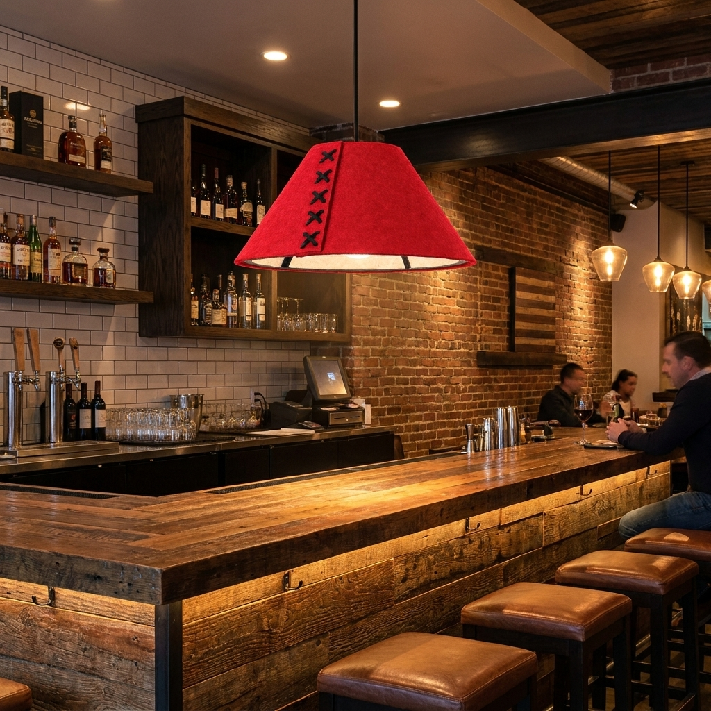 Feliciane red pendant light over the bar of a modern American restaurant