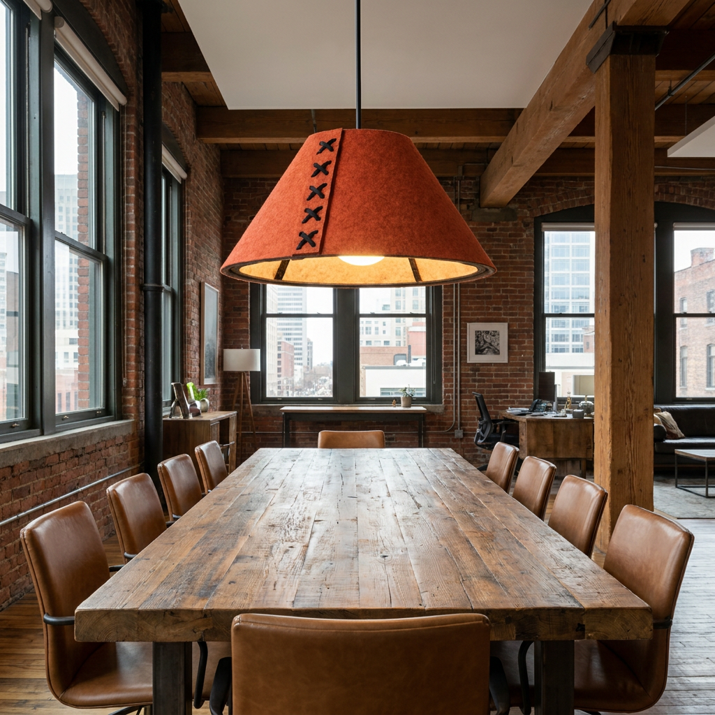 Feliciane tangerine pendant light over a long conference table in a downtown office