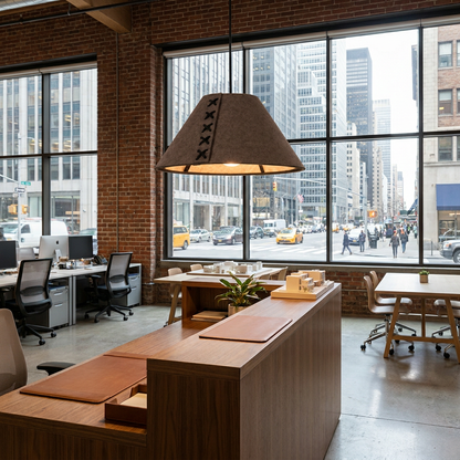 Feliciane dark brown pendant light over the reception desk of a creative office with city buildings outside
