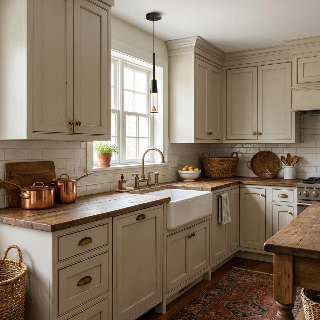 Capeline slim pendant light over a farmhouse sink in a cottage kitchen