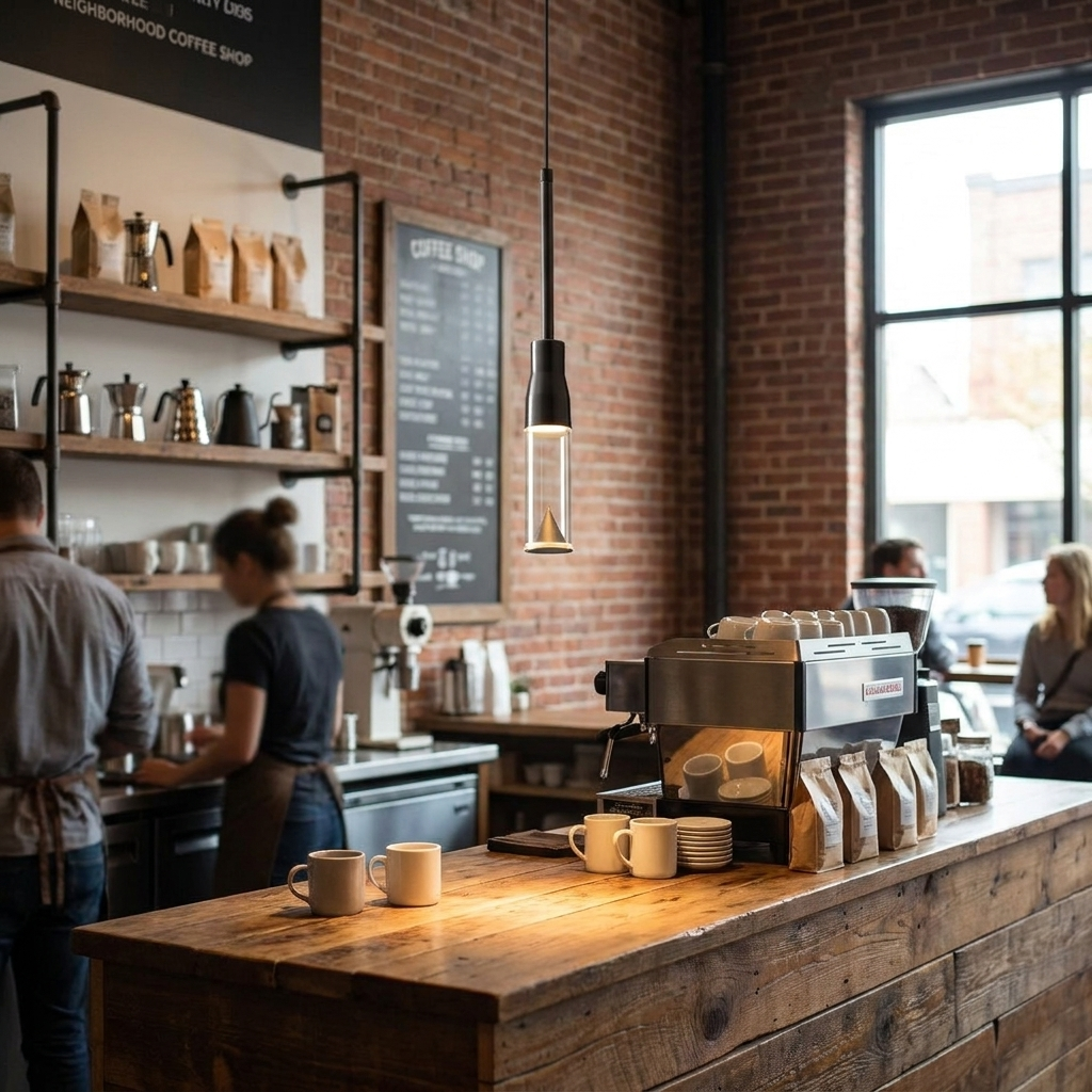 Capeline slim pendant light above the counter of a neighborhood coffee shop
