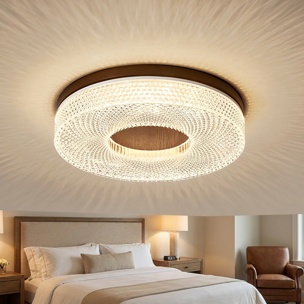 Aureole walnut ceiling light in a boutique hotel guest room