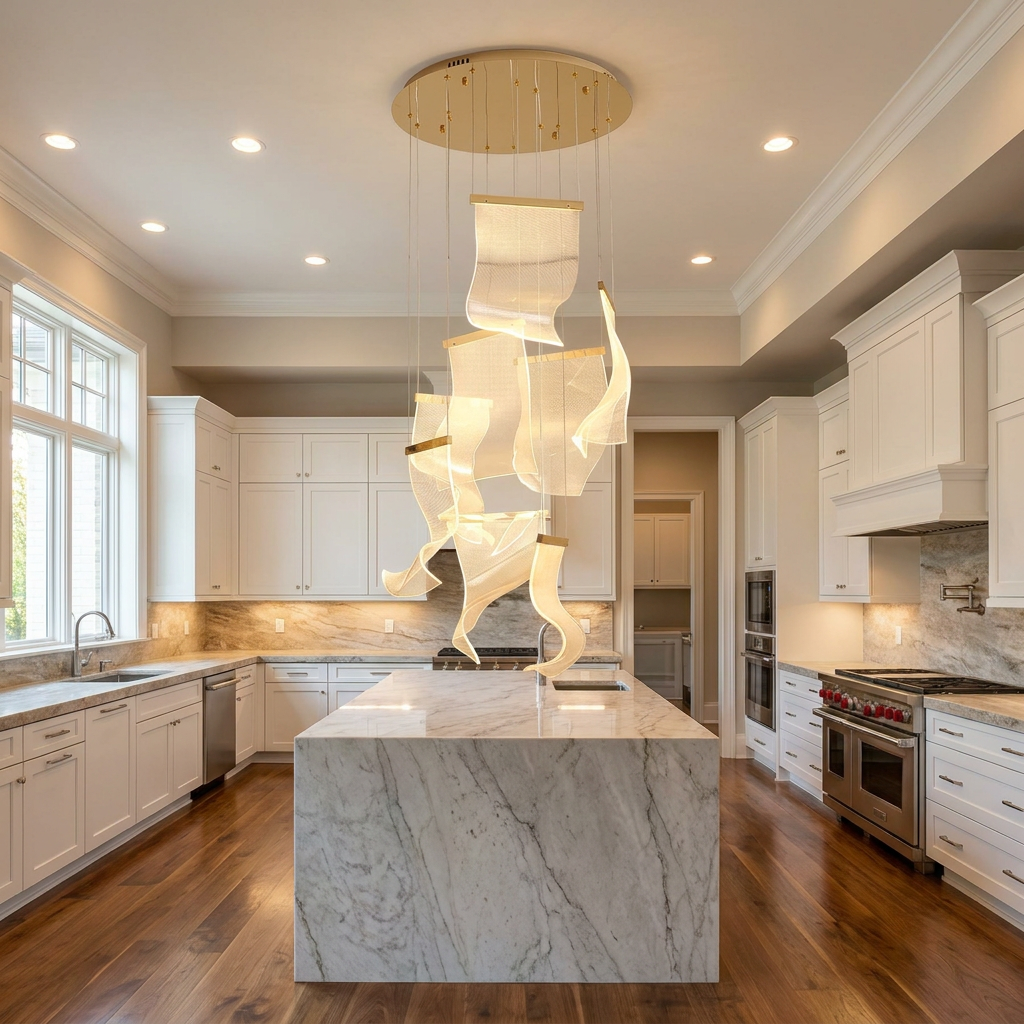 Cirrane 8 heads gold chandelier over a kitchen island in a newly built luxury home