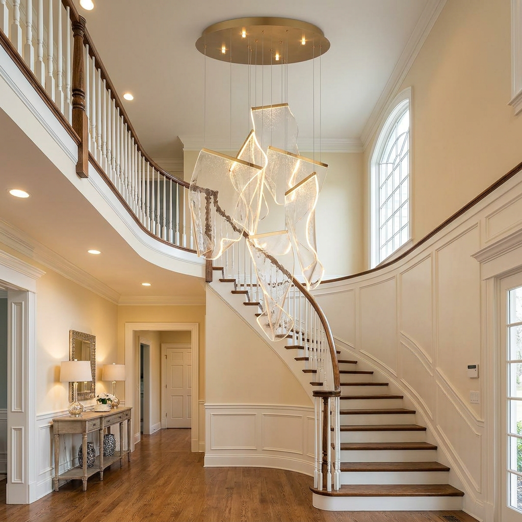 Cirrane 6 heads gold chandelier in the double height foyer of a modern American colonial home with a curved staircase