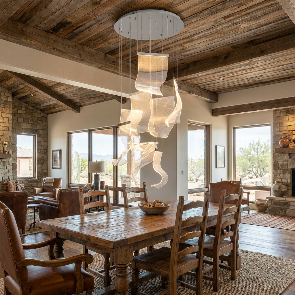 Cirrane 8 heads silver chandelier above a farmhouse dining table in a renovated Texas ranch house