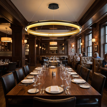 Orbita single ring 31.5 inch chandelier above the dining area of a fine dining restaurant
