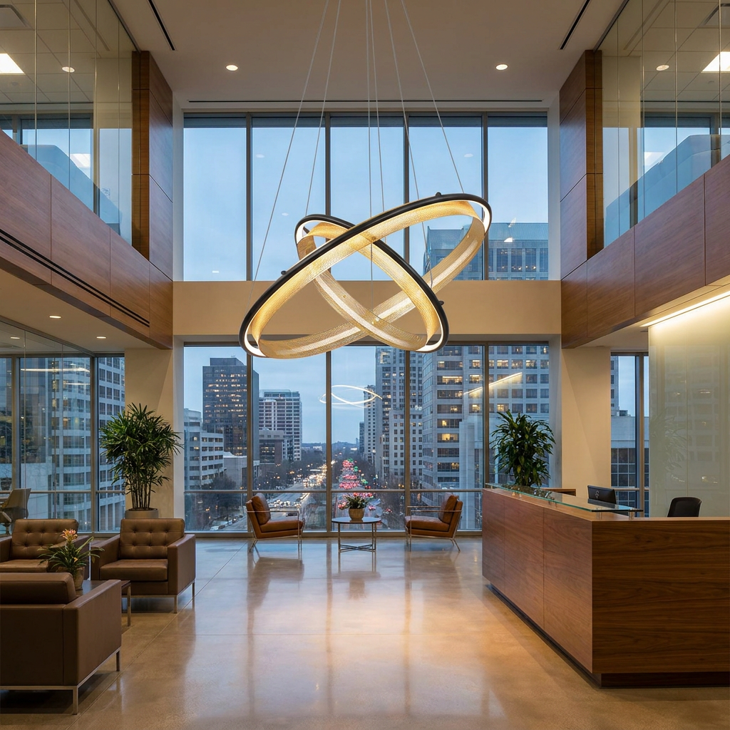 Orbita 2 tier small chandelier in the reception lobby of a corporate office with city views