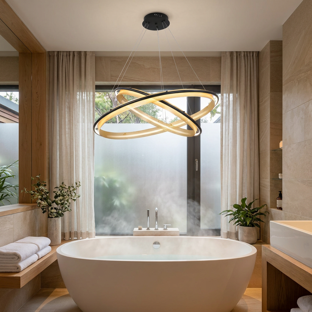 Orbita 2 tier medium chandelier over a soaking tub in a spa style primary bathroom