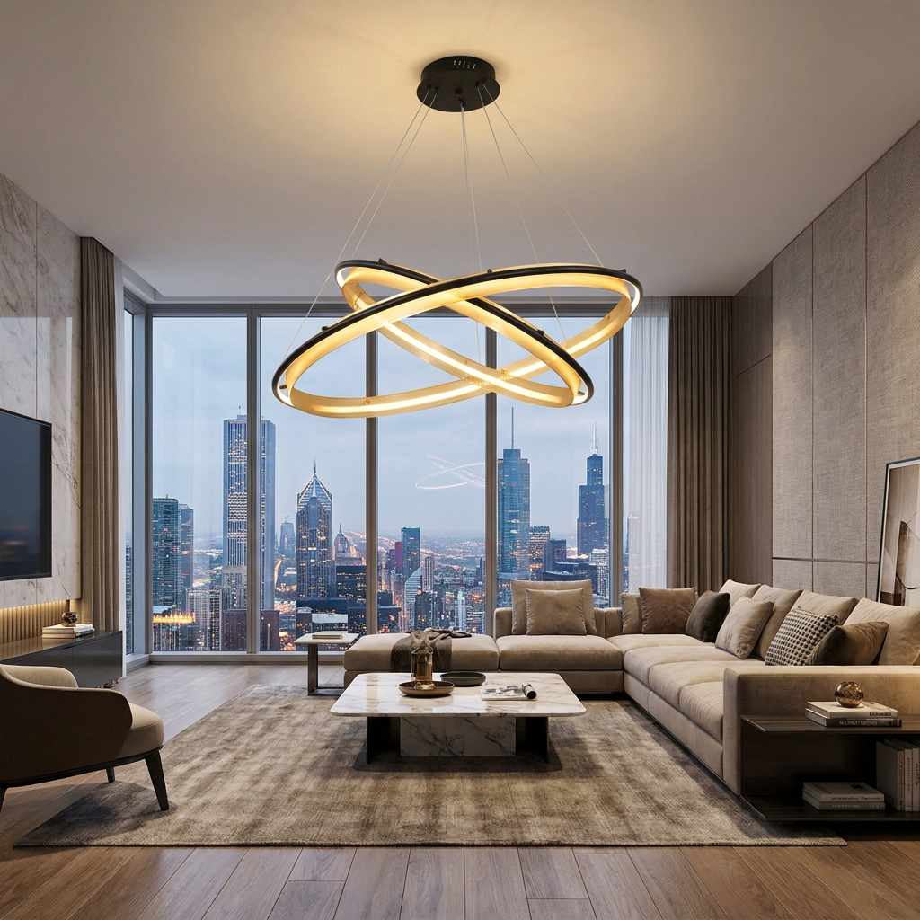 Orbita 2 tier medium chandelier in a luxury condo living room with city skyline views