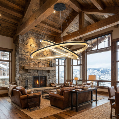 Orbita 2 tier large chandelier in the great room of a mountain lodge style home in Colorado