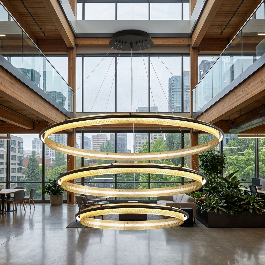Orbita 3 tier large chandelier in the atrium of a modern Seattle tech office