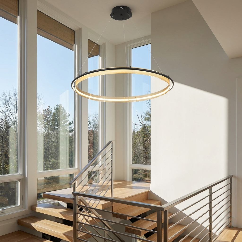 Orbita single ring 23.6 inch chandelier in the stairwell of a contemporary house with floor-to-ceiling windows