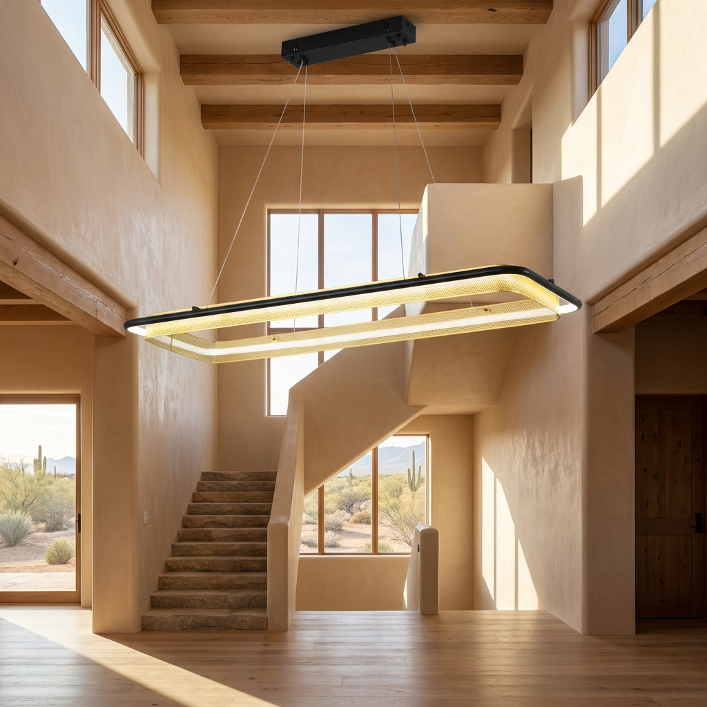 Orbita linear 47 inch chandelier in the two story entry of a new build home in Arizona