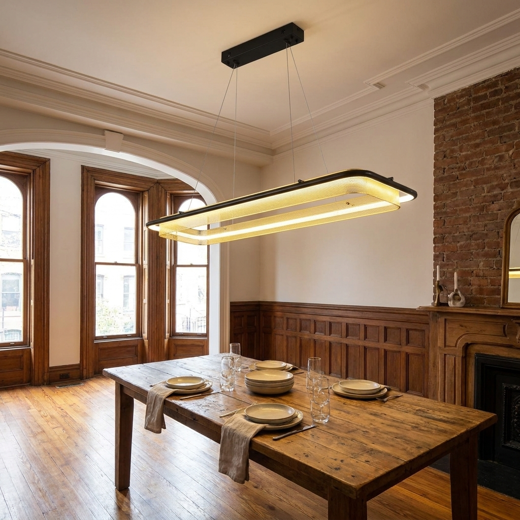 Orbita linear 47 inch chandelier above a dining table in a Brooklyn brownstone parlor