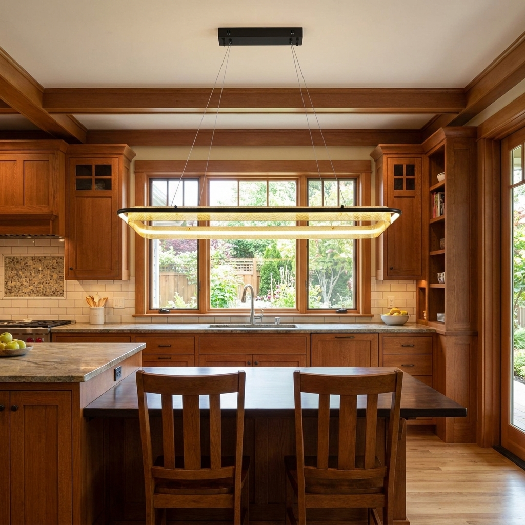 Orbita linear 35 inch chandelier over a breakfast table in a California craftsman kitchen