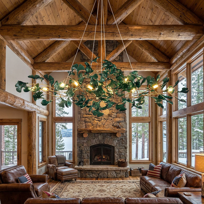 Ginevra dark green chandelier in the double height living room of a Lake Tahoe timber home