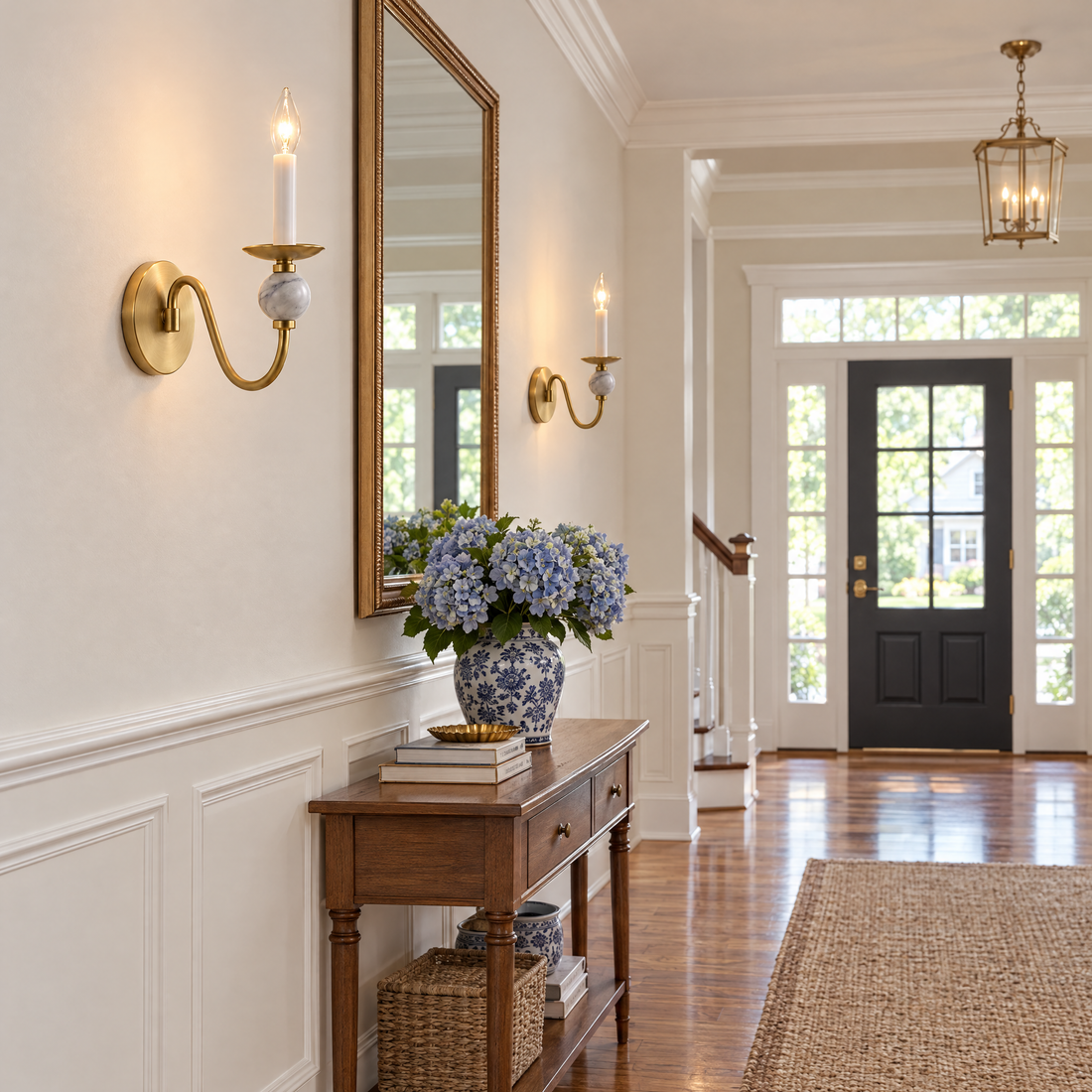Brisa marble ball wall sconce in Brushed Brass in a colonial home entryway