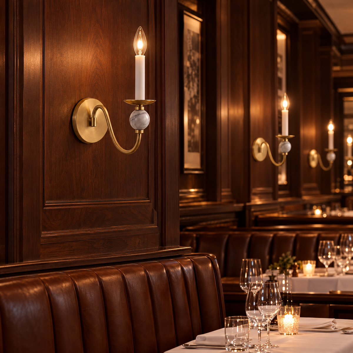 Brisa marble ball wall sconce in Brushed Brass in a steakhouse restaurant