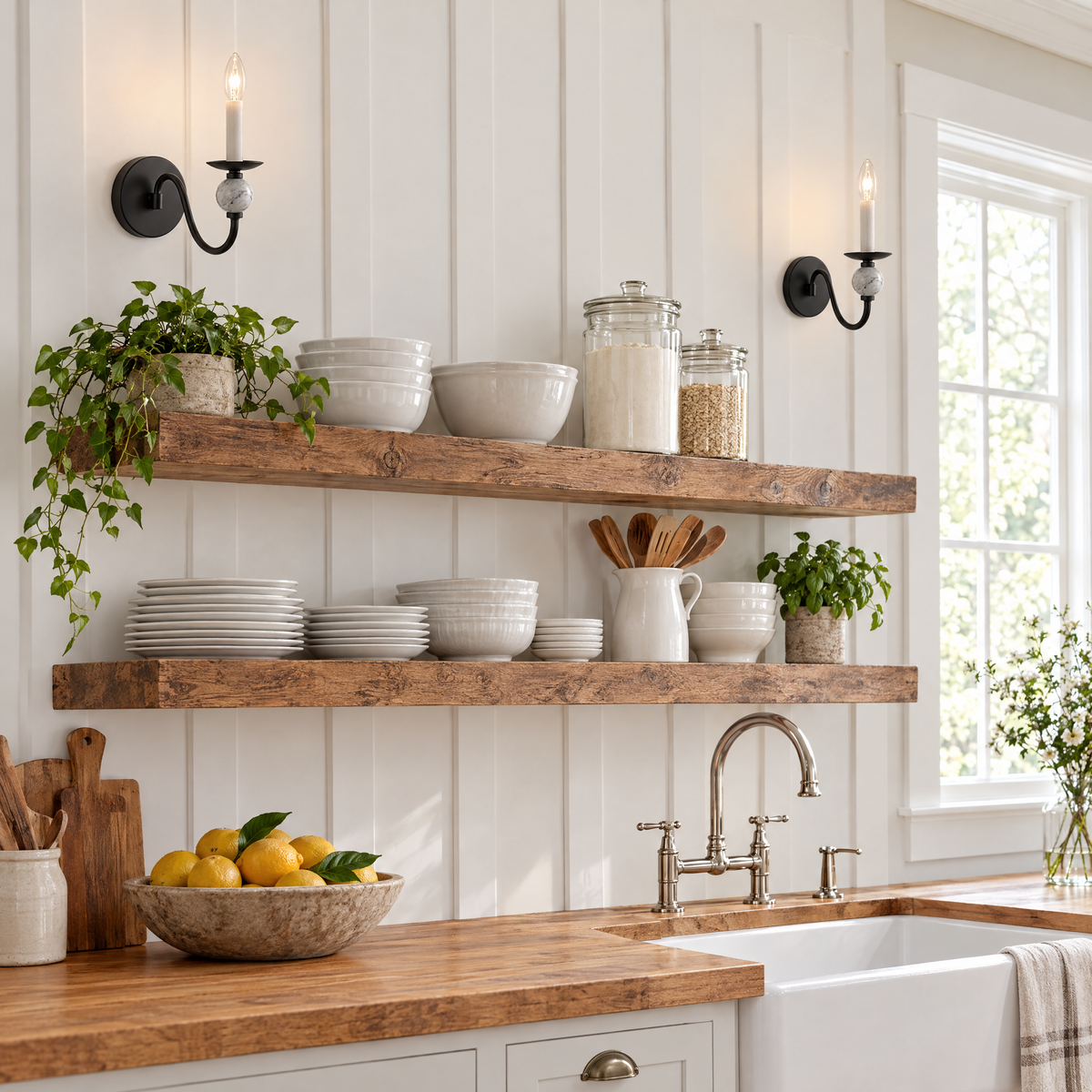 Brisa marble ball wall sconce in Matte Black above open shelving in a farmhouse kitchen