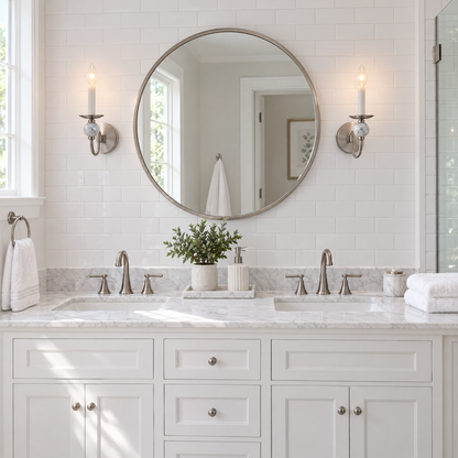 Brisa marble ball wall sconce in Brushed Nickel flanking a bathroom vanity mirror