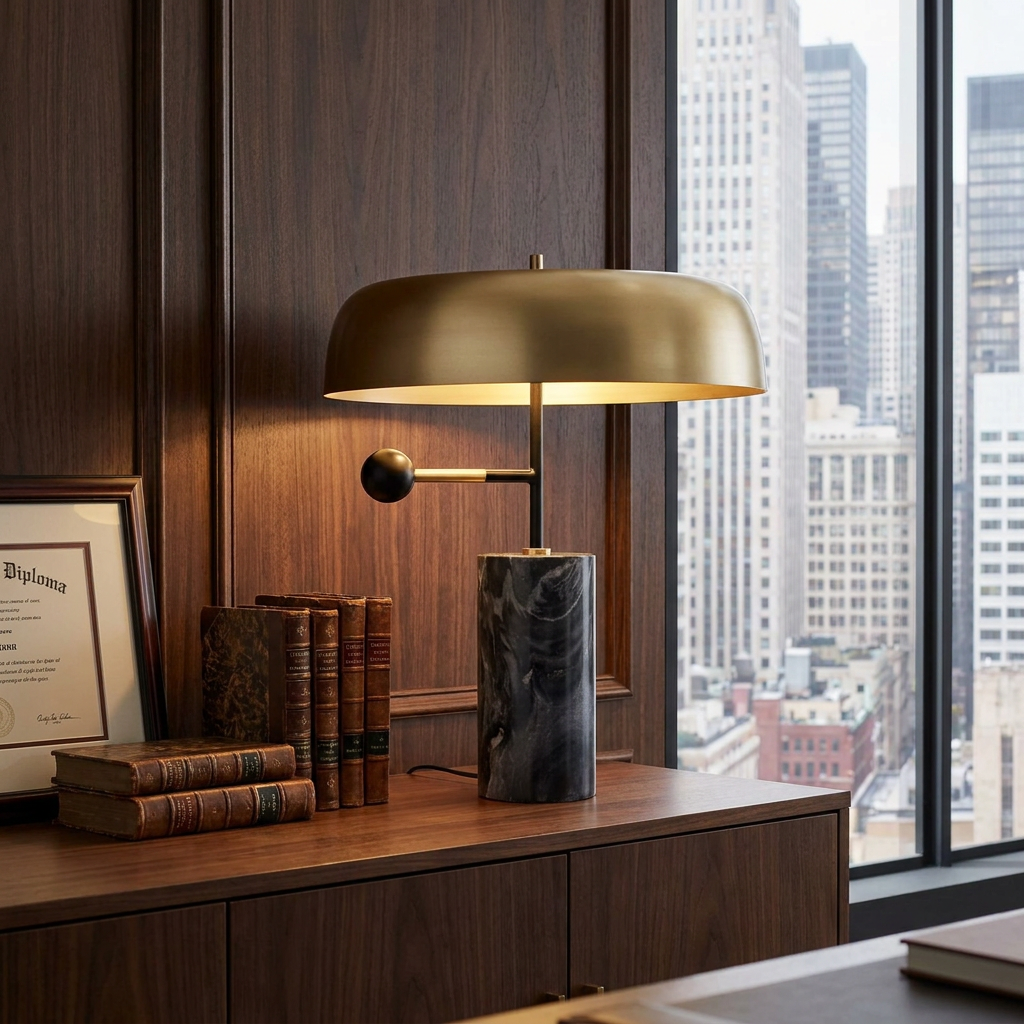 Barclay marble table lamp with gold dome shade on a credenza in a law firm office