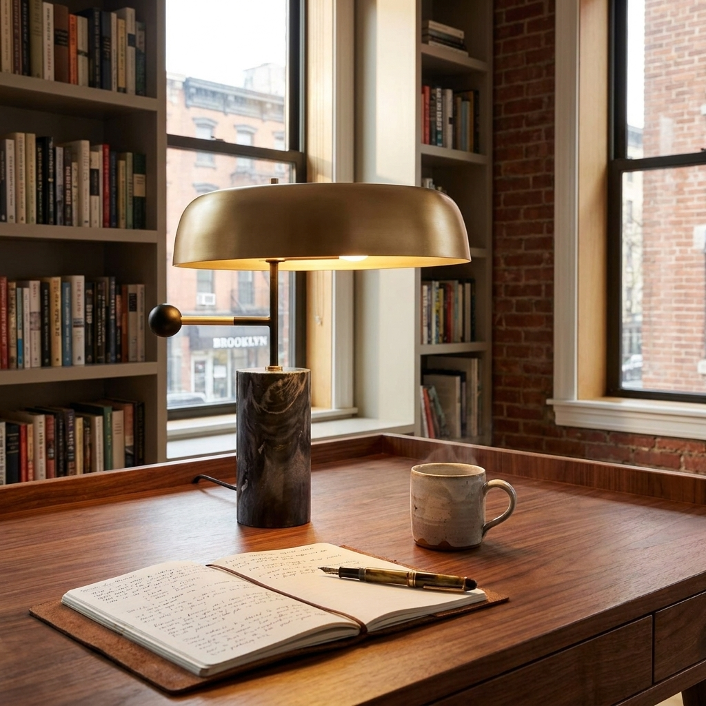 Barclay marble table lamp with gold dome shade on a walnut desk in a brownstone home office