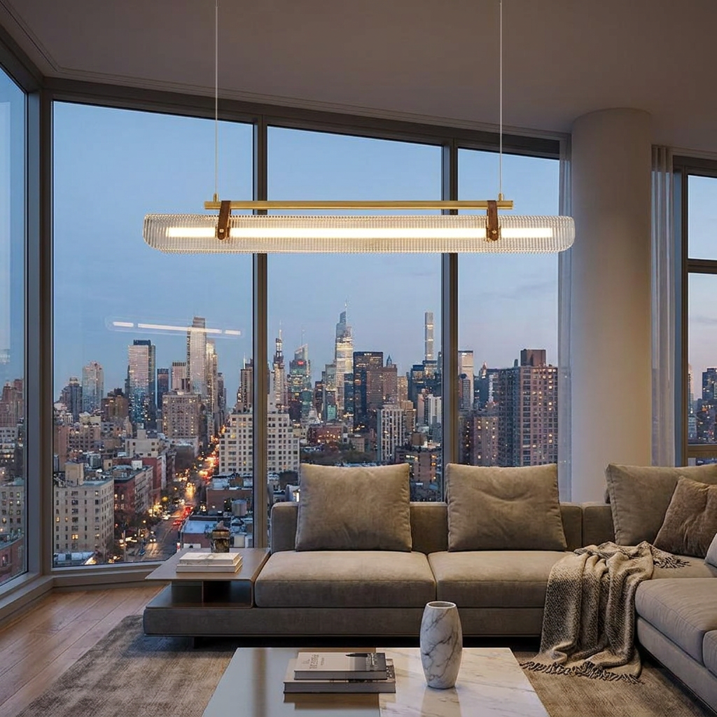 Talvi linear LED chandelier in a Manhattan apartment living room