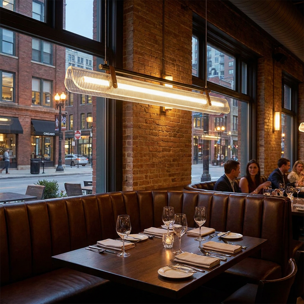 Talvi linear LED chandelier over a booth in an upscale restaurant