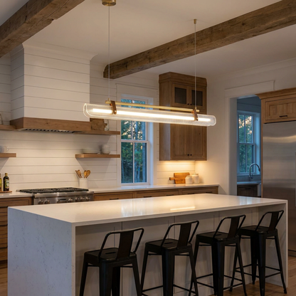 Talvi linear LED chandelier over a kitchen island in a modern farmhouse