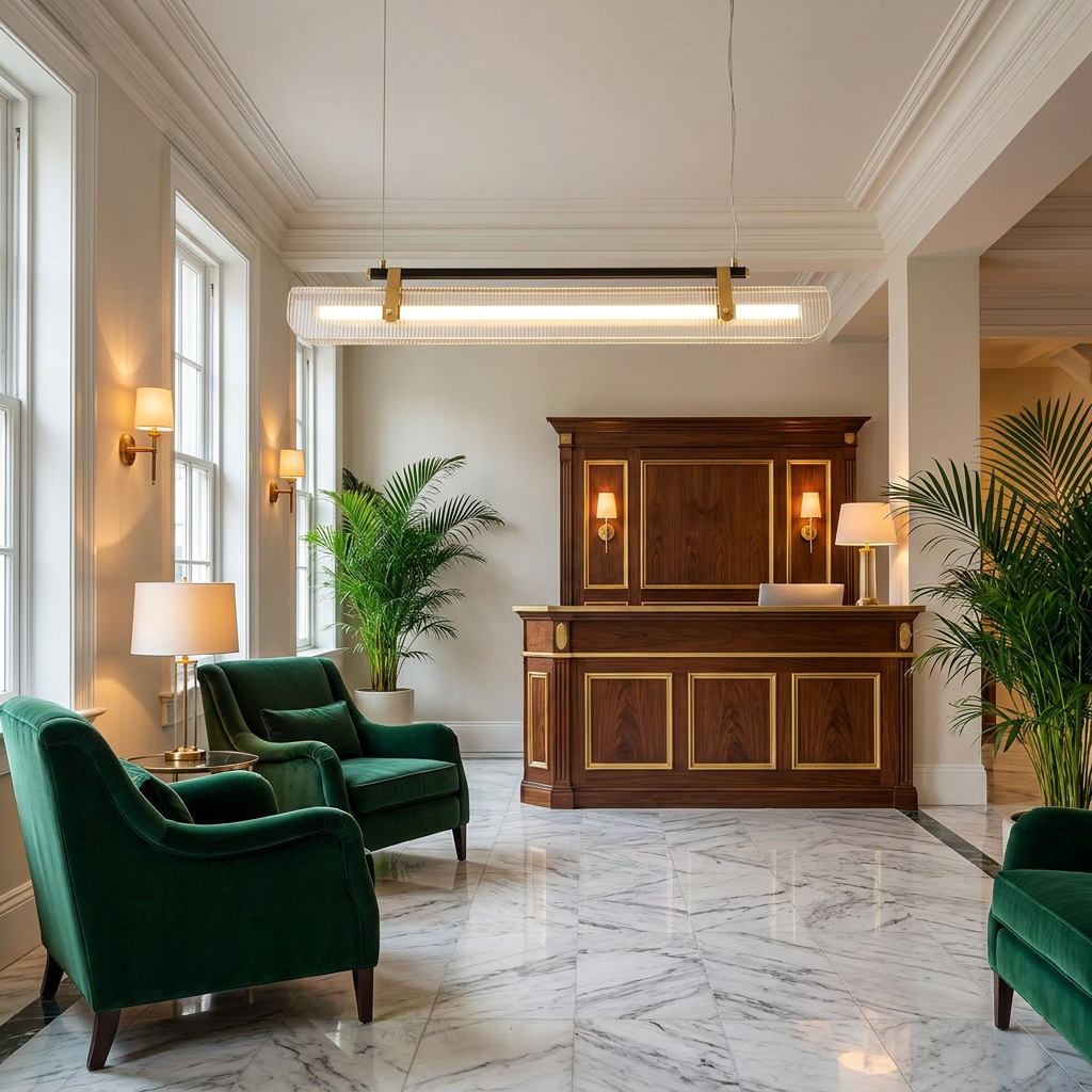 Talvi linear LED chandelier in a boutique hotel lobby