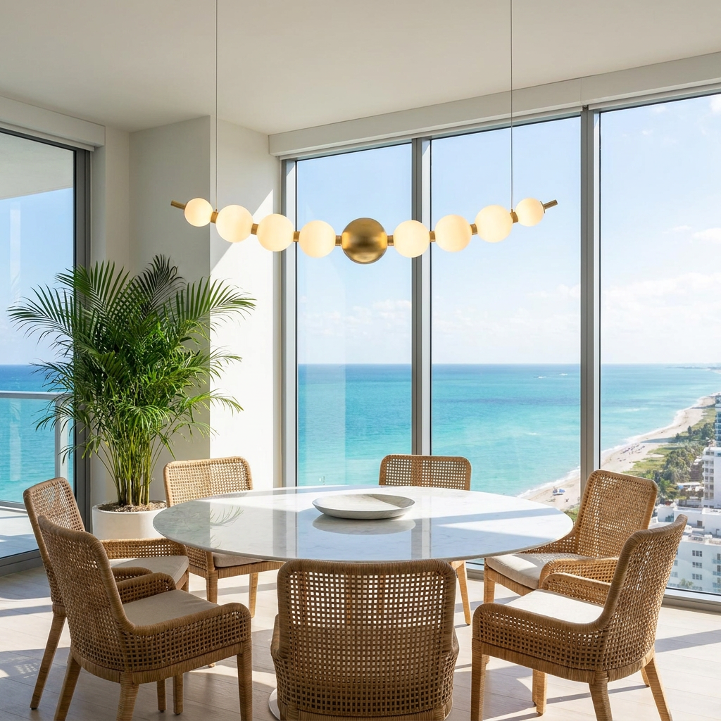 Coralyn LED chandelier over a dining table in a Miami condo