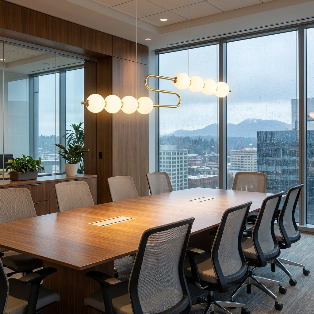 Coralyn LED chandelier in a corporate conference room