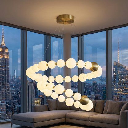 Coralyn two tier ring LED chandelier in a Manhattan apartment living room