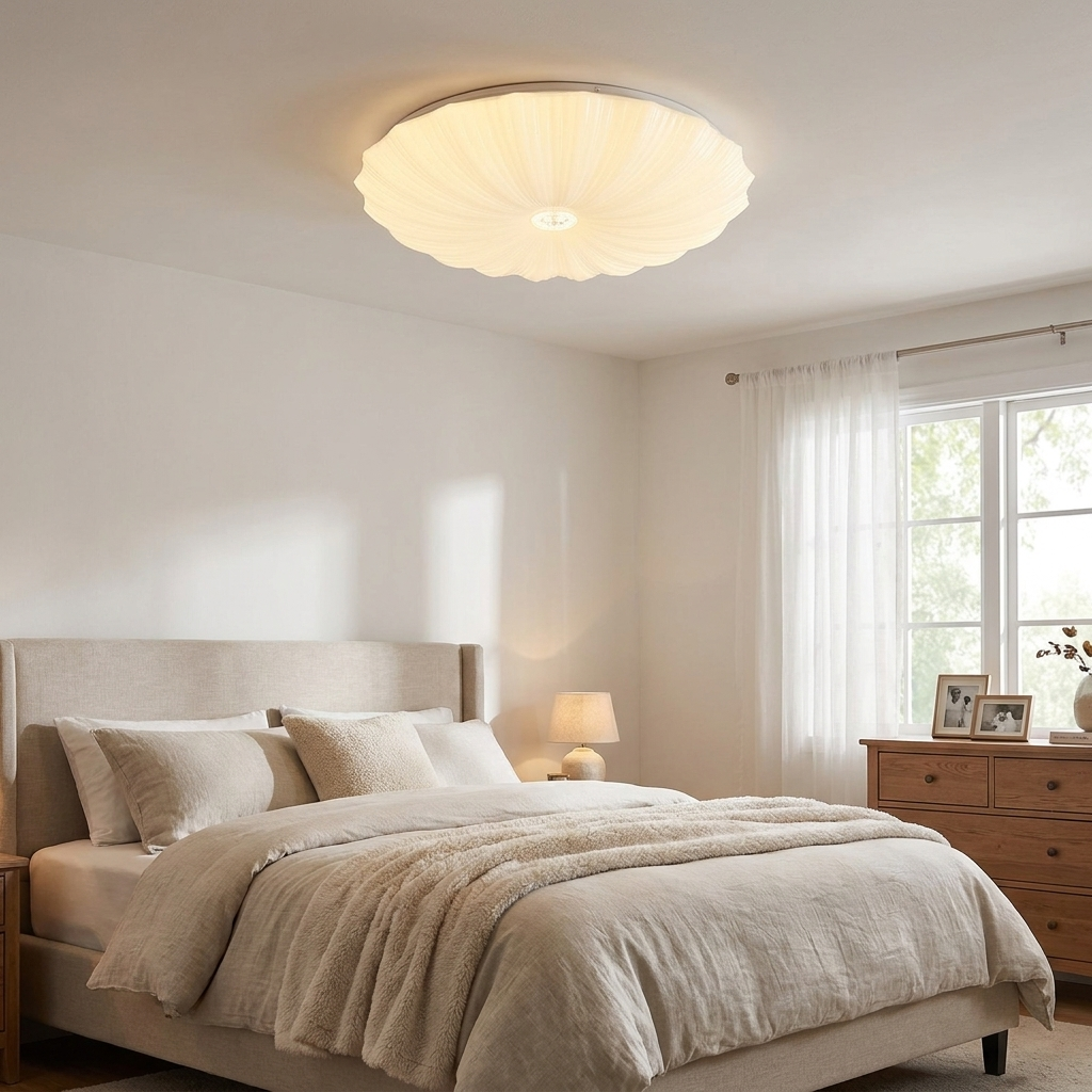 Conque white acrylic scalloped shell shaped round LED flush mount ceiling light in a suburban bedroom
