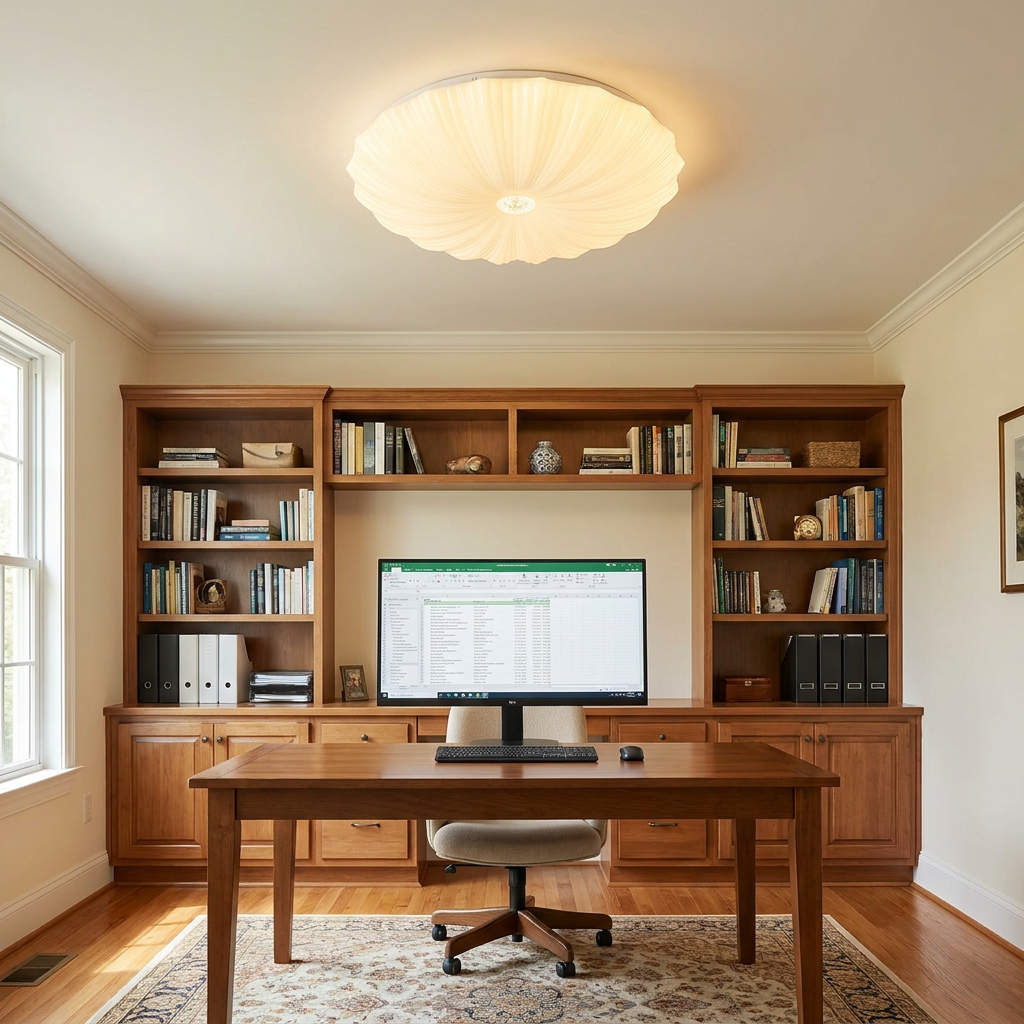 Conque white acrylic scalloped shell shaped round LED flush mount ceiling light in a home office