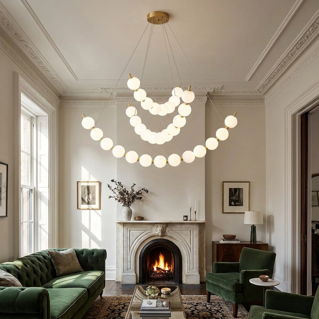 Coralyn stacked three ring LED chandelier in a Brooklyn brownstone parlor