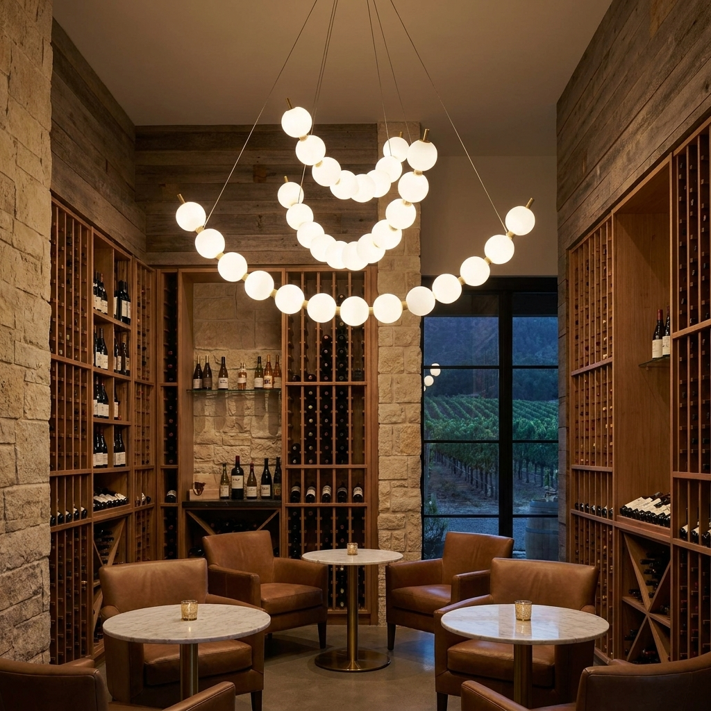 Coralyn stacked three ring LED chandelier in a wine bar lounge