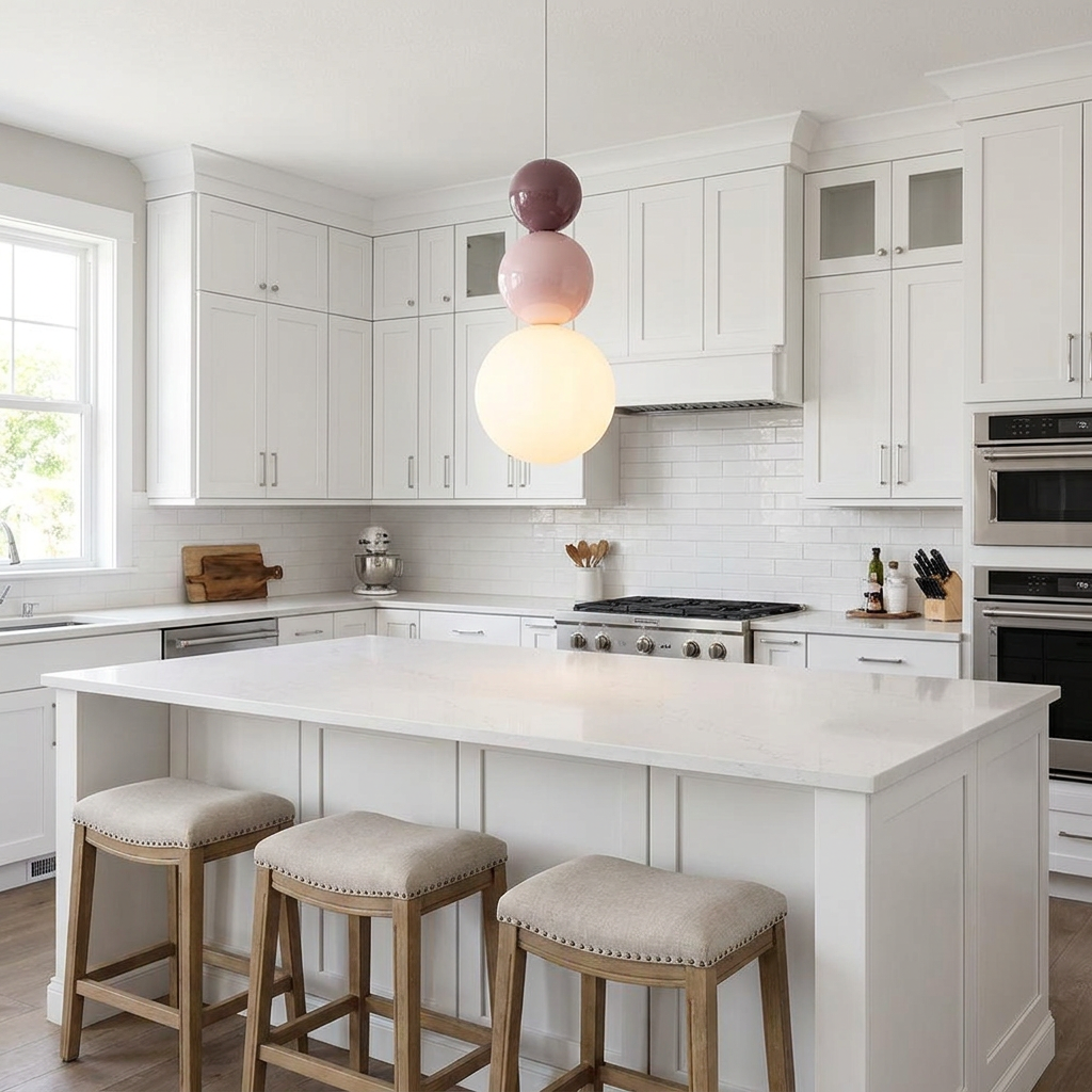 Trilla three ball acrylic pendant light over a kitchen island in a suburban home