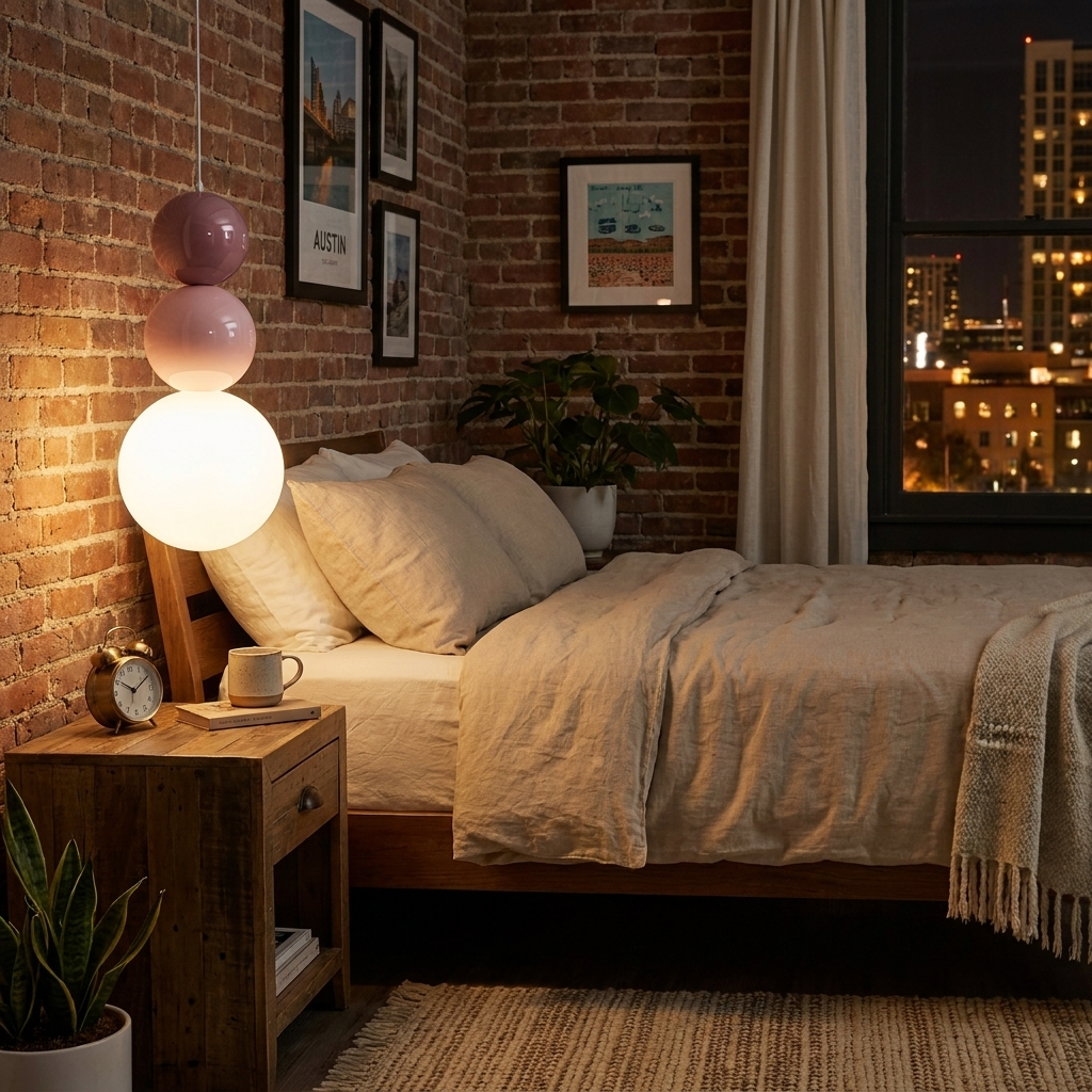 Trilla three ball acrylic pendant light beside a bed in a hotel room