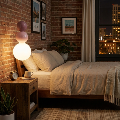 Trilla three ball acrylic pendant light beside a bed in a hotel room