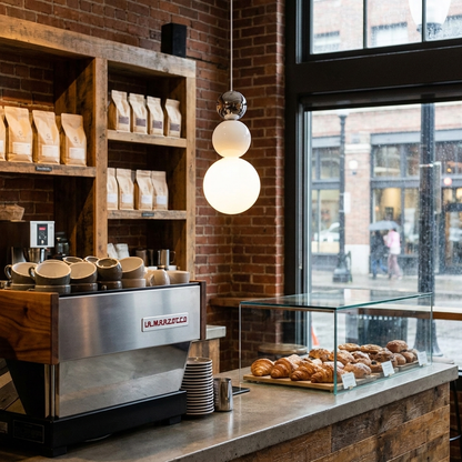 Trilla three ball acrylic pendant light over a cafe counter