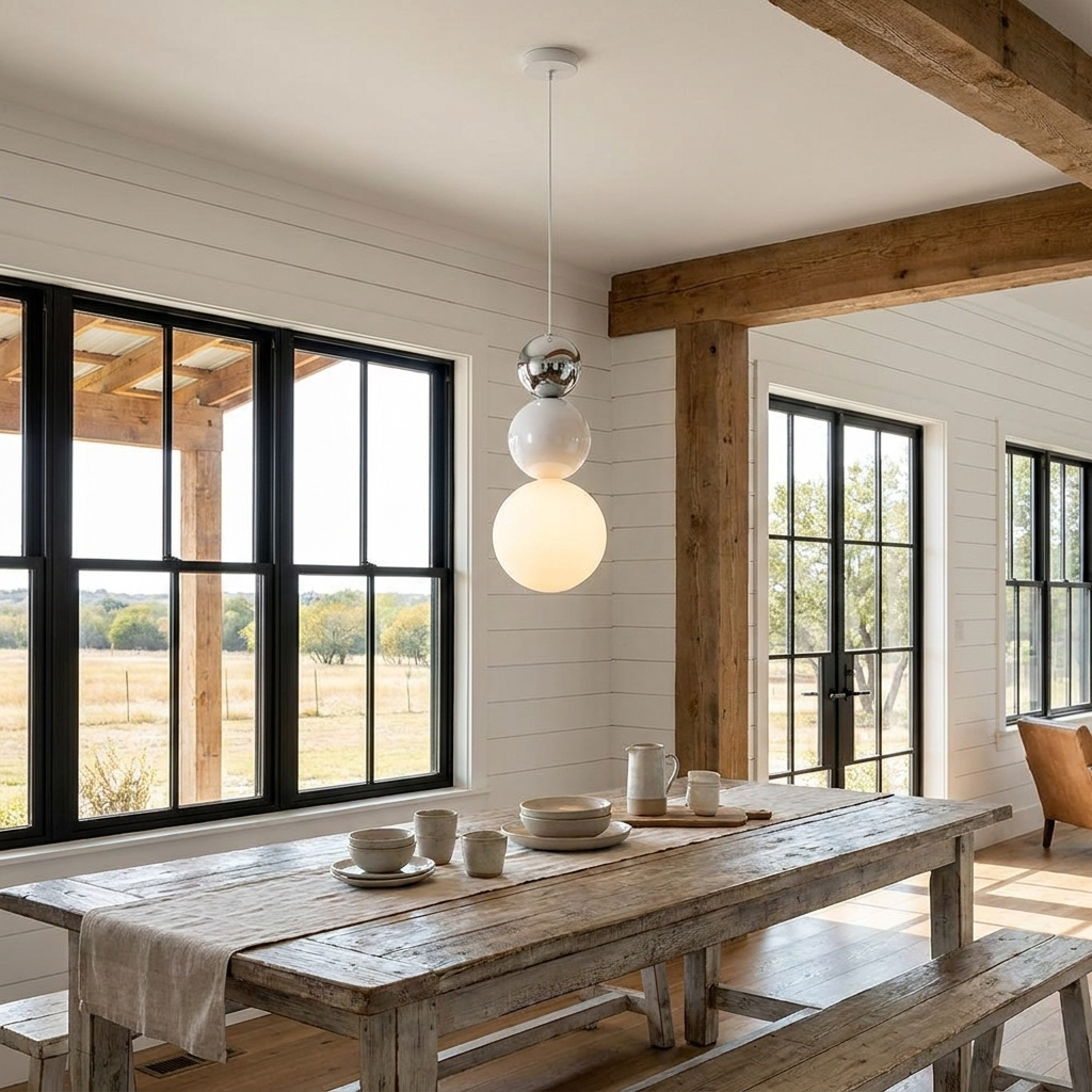 Trilla three ball acrylic pendant light over a dining table in a farmhouse